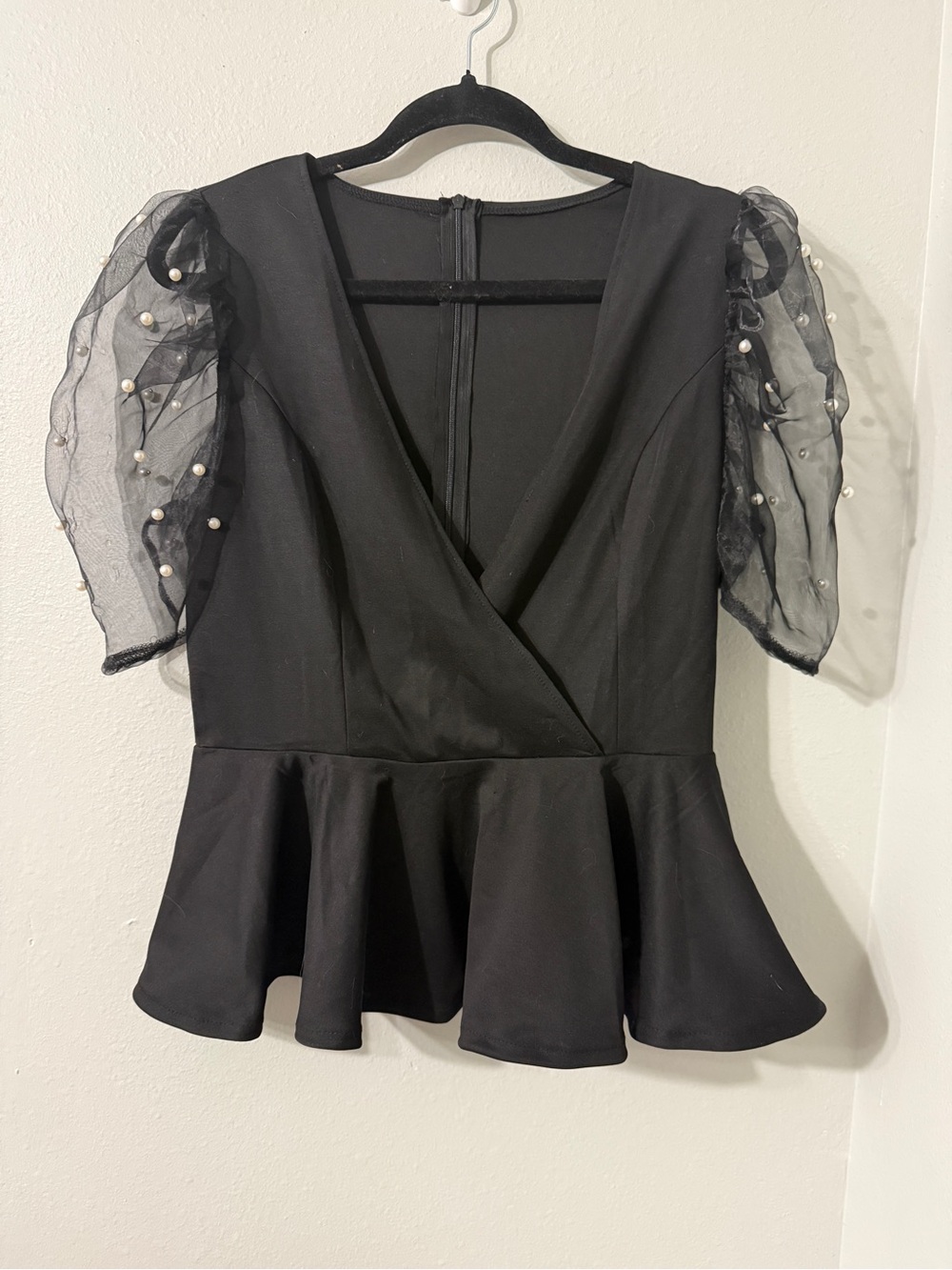 Black Peplum Party Top Sheer Puff Sleeves with Pearls Size M
